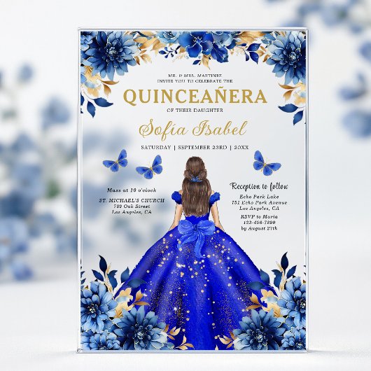 Invitations En Acrylique Floral Royal Blue Butterfly Princess Quinceanera