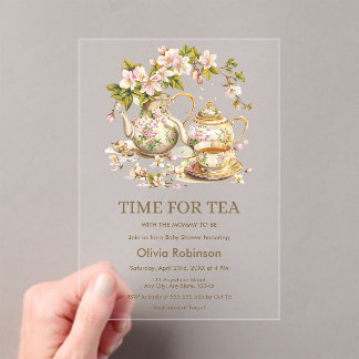 Invitations En Acrylique Floral Teapot Time for Tea Baby Shower 