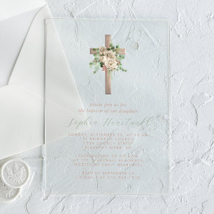 Invitations En Acrylique Floral verdure ivoire Rose Croix d'or Girl Baptême