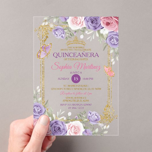 Invitations En Acrylique Floral Violet Et Rose Couronne fille Quinceañera (In situ (ordinateur de poche))