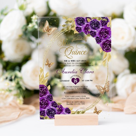 Invitations En Acrylique Floral violet or Tiara Butterfly Mis Quinceañera