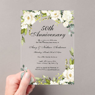 Invitations En Acrylique Florales blanches 50e anniversaire de Mariage