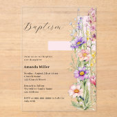 Invitations En Acrylique Florals croix rose fille clair Baptême (Recto)