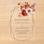 Invitations En Acrylique Floraux orange brûlés or géométrique clair mariage (Recto)