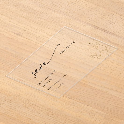 Invitations En Acrylique Flore dorée Enregistrer la date (Poser)