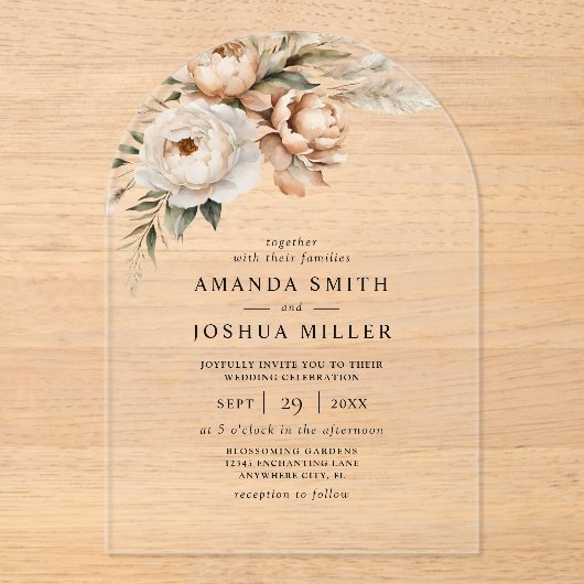 Invitations En Acrylique Flore Rustique Séchée Boho & Mariage de laiton Pam (Recto)