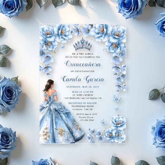Invitations En Acrylique Flore Whimsical Dusty Bleu Tiara Quinceañera