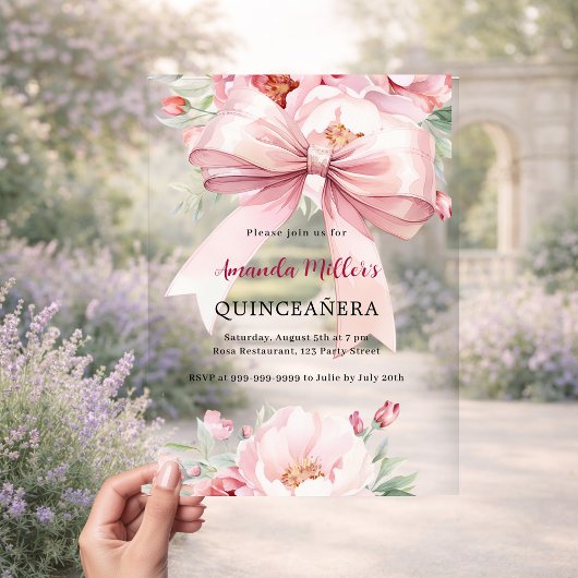 Invitations En Acrylique Flores rose bow clair Quinceanera