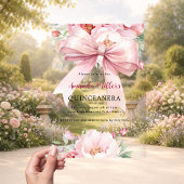 Invitations En Acrylique Flores rose bow clair Quinceanera
