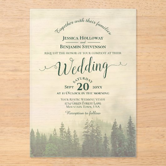 Invitations En Acrylique Foggy Green Pines Calligraphie Mariage (Recto)