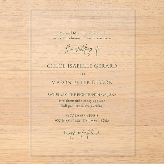 Invitations En Acrylique Forêt classique Green Mariage élégant (Recto)