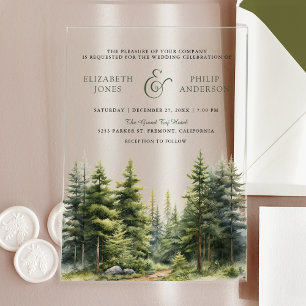 Invitations En Acrylique Forêt de pins hivernale rustique pour mariage