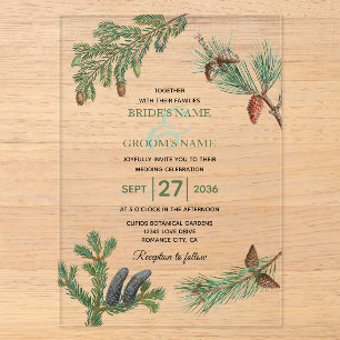 Invitations En Acrylique Forêt de pins rustiques mariage verdure