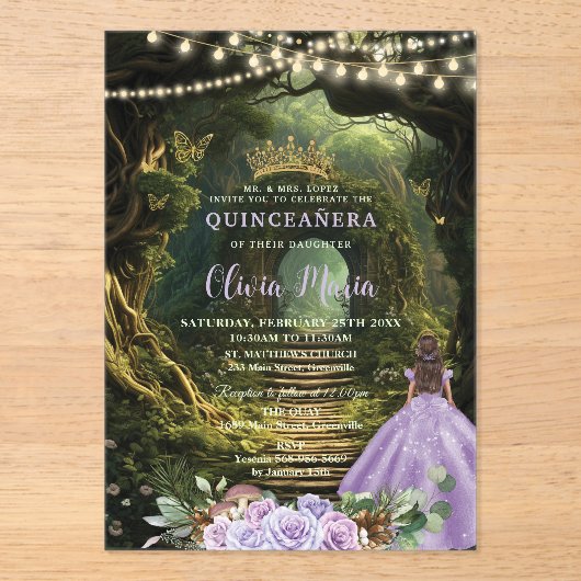 Invitations En Acrylique Forêt enchantée Lilac Floral Quinceañera Sweet 16 (Recto)