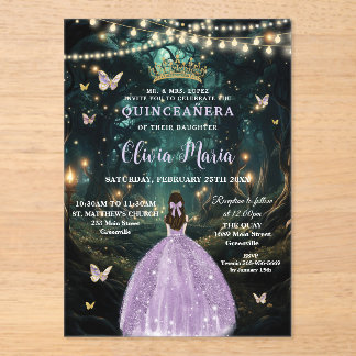 Invitations En Acrylique Forêt enchantée Robe Lilac violet Quinceañera