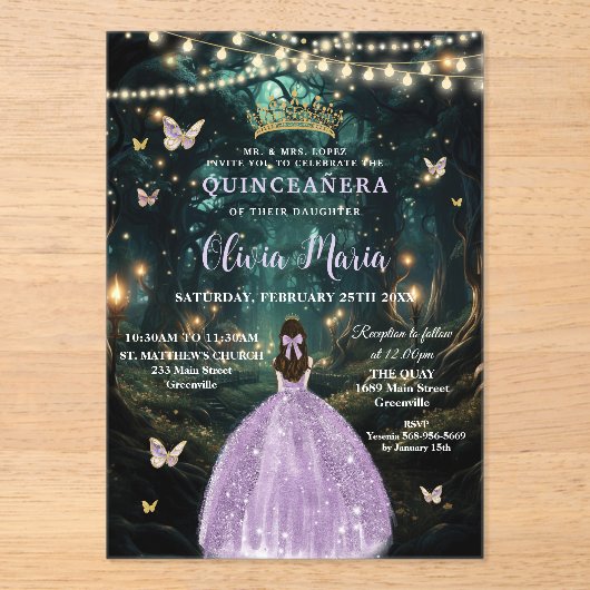 Invitations En Acrylique Forêt enchantée Robe Lilac violet Quinceañera (Recto)