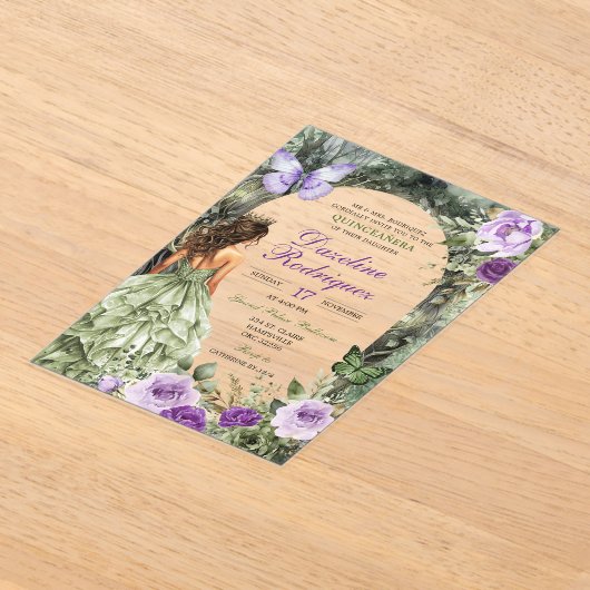 Invitations En Acrylique Forêt lunaire verte pourpre Quinceanera (Poser)