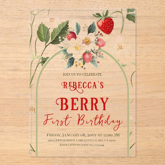 Invitations En Acrylique Fraise rouge rustique Thème Berry Premier annivers (Recto)