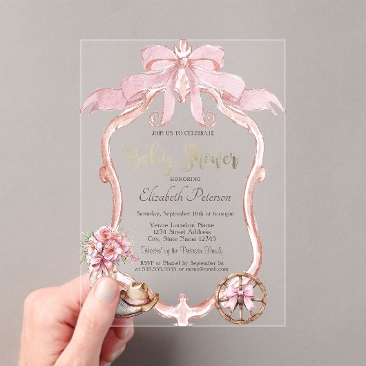 Invitations En Acrylique Frame Bow Cowgirl Wester Striped Baby Shower  (In situ (ordinateur de poche))