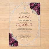 Invitations En Acrylique Frame d'Argent Floral Bourgogne Première communion (Recto)
