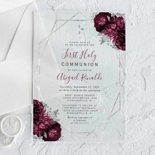 Invitations En Acrylique Frame d'Argent Floral Bourgogne Première communion
