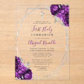 Invitations En Acrylique Frame d'argent floral pourpre Première communion s (Recto)