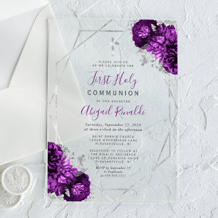 Invitations En Acrylique Frame d'argent floral pourpre Première communion s