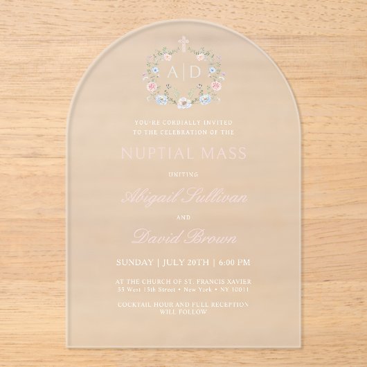 Invitations En Acrylique Frame floral Messe nuptiale Mariage religieux (Recto)