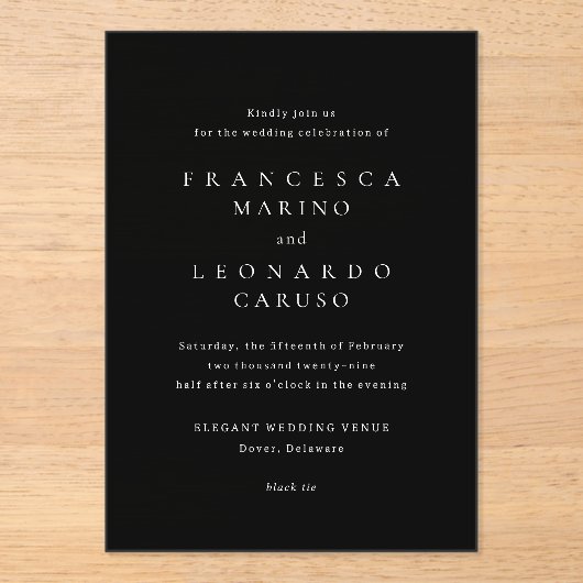 Invitations En Acrylique Francesca Mariage classique noir (Recto)