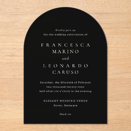 Invitations En Acrylique Francesca Mariage classique noir (Recto)