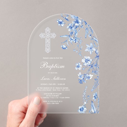Invitations En Acrylique French Blue Wildflowers Arch Baptism (In situ (ordinateur de poche))