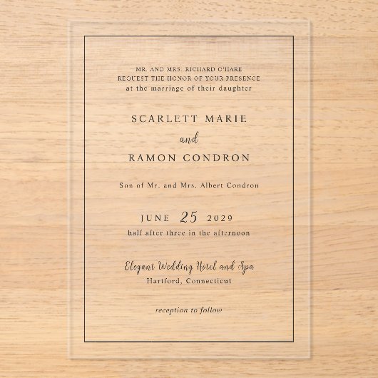 Invitations En Acrylique Frontale Scarlett Mariage élégant (Recto)