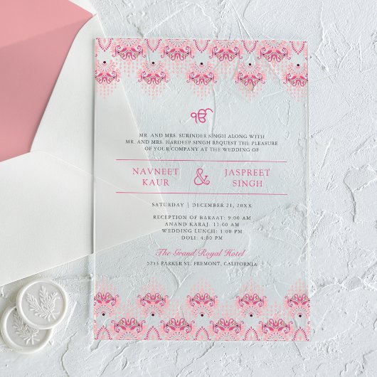 Invitations En Acrylique Frontière rose Ikat Anand Karaj Sikh Mariage