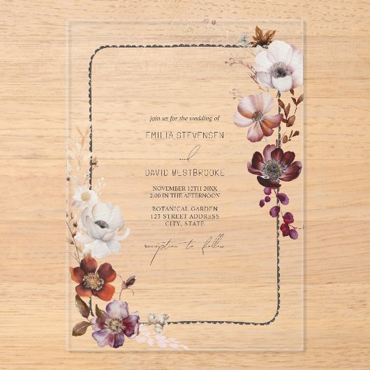 Invitations En Acrylique Frontière Rustique Anémonique Florale Frappée Main (Recto)