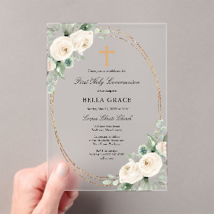Invitations En Acrylique FROSTÉ EN ACRYLIQUE Première communion Rose floral