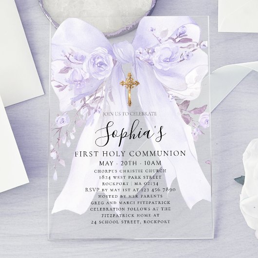 Invitations En Acrylique Frosted Acrylic Purple Bow Rose First Communion