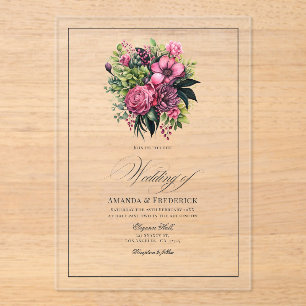 Invitations En Acrylique Fuchsia, Emerald Green et Black Floral Mariage