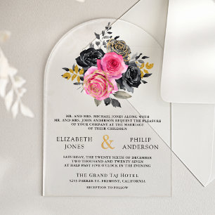 Invitations En Acrylique Fuchsia Fleurs Roses Mariage Noir