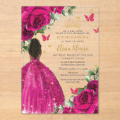 Invitations En Acrylique Fuchsia Floral Brown Princesse Quinceañera Sweet 1 (Recto)