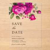 Invitations En Acrylique Fuchsia Hot Pink Roses Wedding Save the Date (Recto)