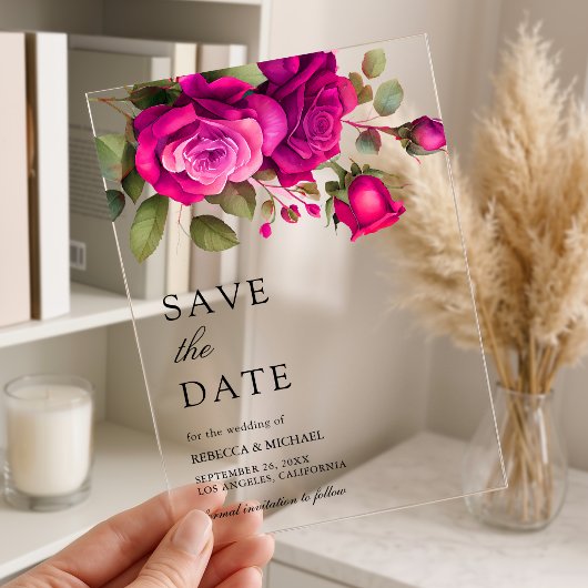 Invitations En Acrylique Fuchsia Hot Pink Roses Wedding Save the Date