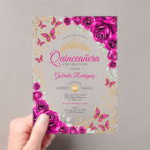 Invitations En Acrylique Fuchsia Pink Gold Floral Quinceanera (In situ (ordinateur de poche))