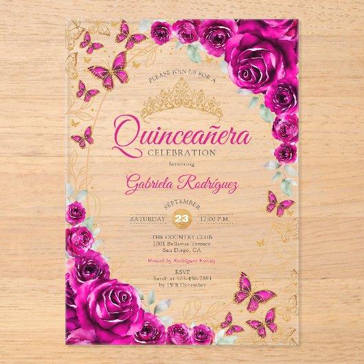 Invitations En Acrylique Fuchsia Pink Gold Floral Quinceanera (Recto)