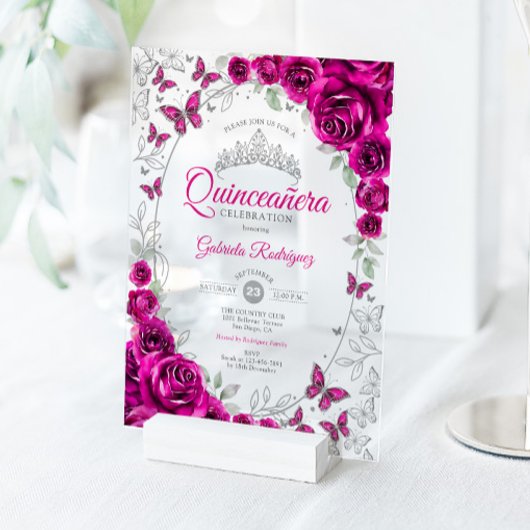 Invitations En Acrylique Fuchsia Pink Silver Floral Quinceanera
