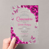 Invitations En Acrylique Fuchsia Pink Silver Floral Quinceanera (In situ (ordinateur de poche))