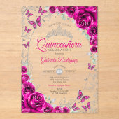 Invitations En Acrylique Fuchsia Pink Silver Floral Quinceanera (Recto)
