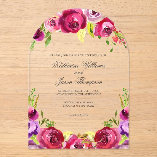 Invitations En Acrylique Fuchsia rose Floral Chic Spring Garden Mariage (Recto)