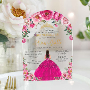 Invitations En Acrylique Fuchsia Rose Floral Or Quinceanera XV Douce 16