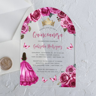 Invitations En Acrylique Fuchsia Rose Floral Quinceañera Aquarelle
