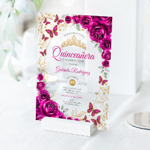 Invitations En Acrylique Fuchsia Rose Gold Floral Quinceanera